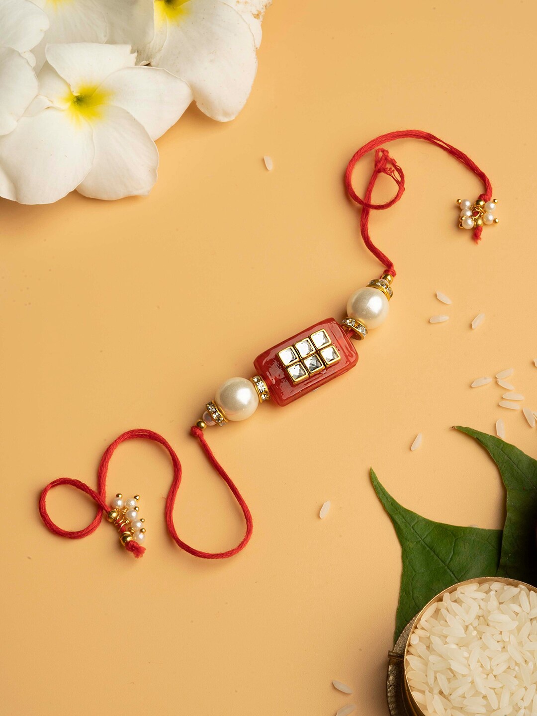 

TEEJH Kundan-Studded & Pearls-Beaded Thread Rakhi, Red