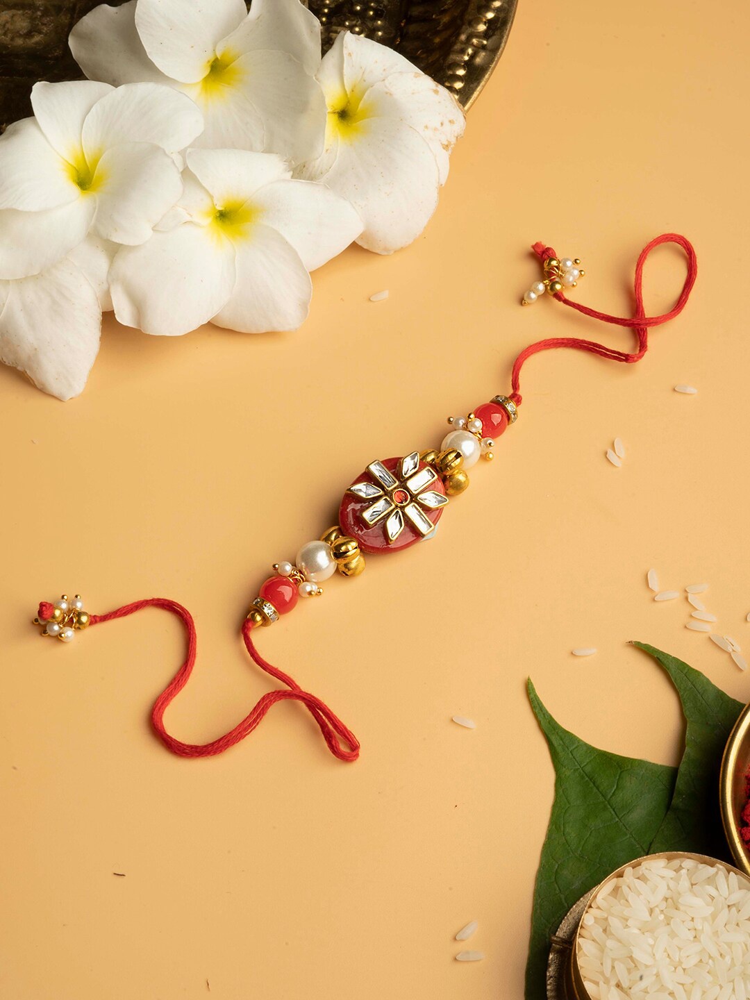 

TEEJH Kundan-Studded & Beaded Thread Rakhi, Red