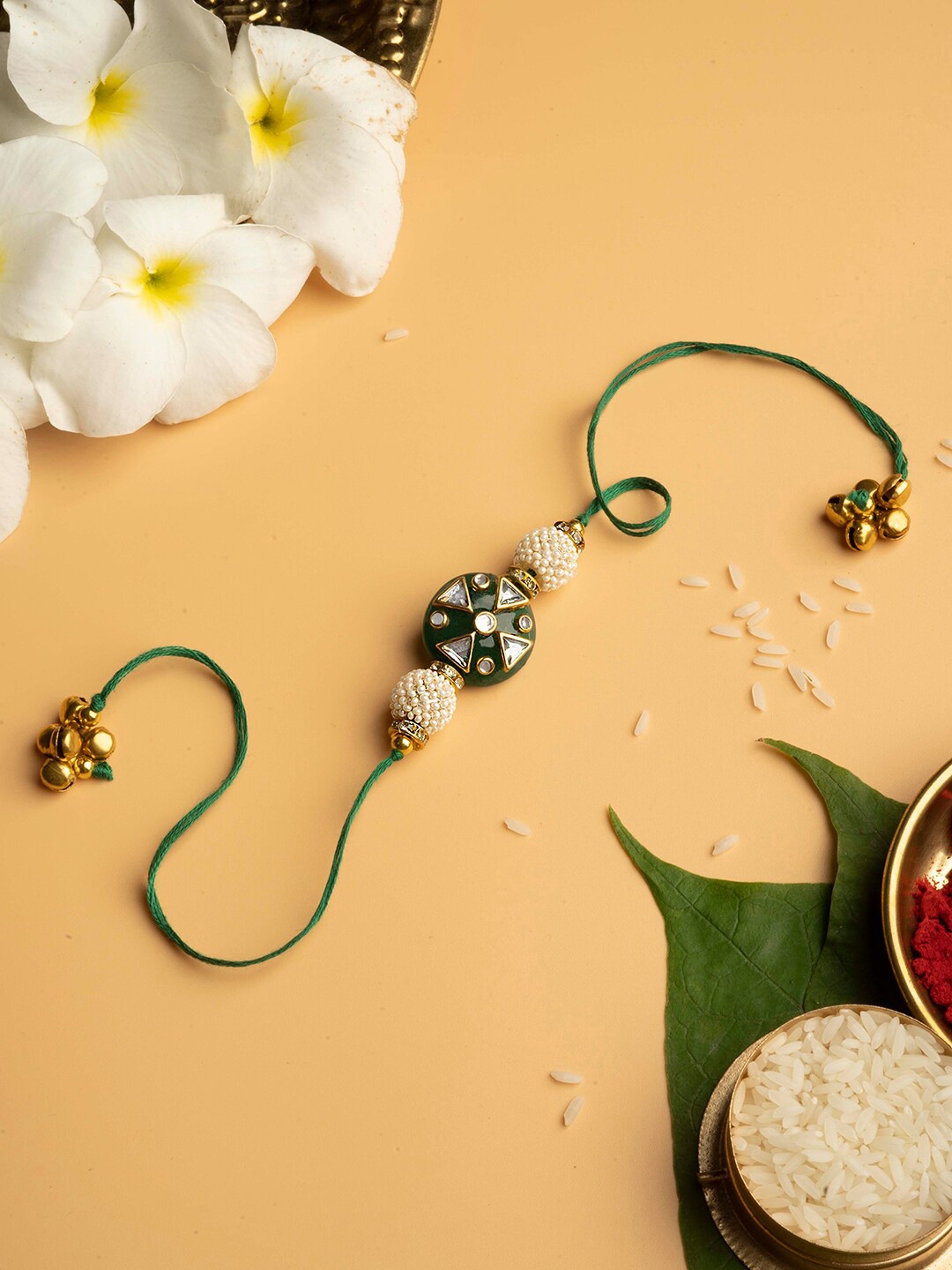 

TEEJH Kundan-Studded & Beaded Thread Rakhi, Green