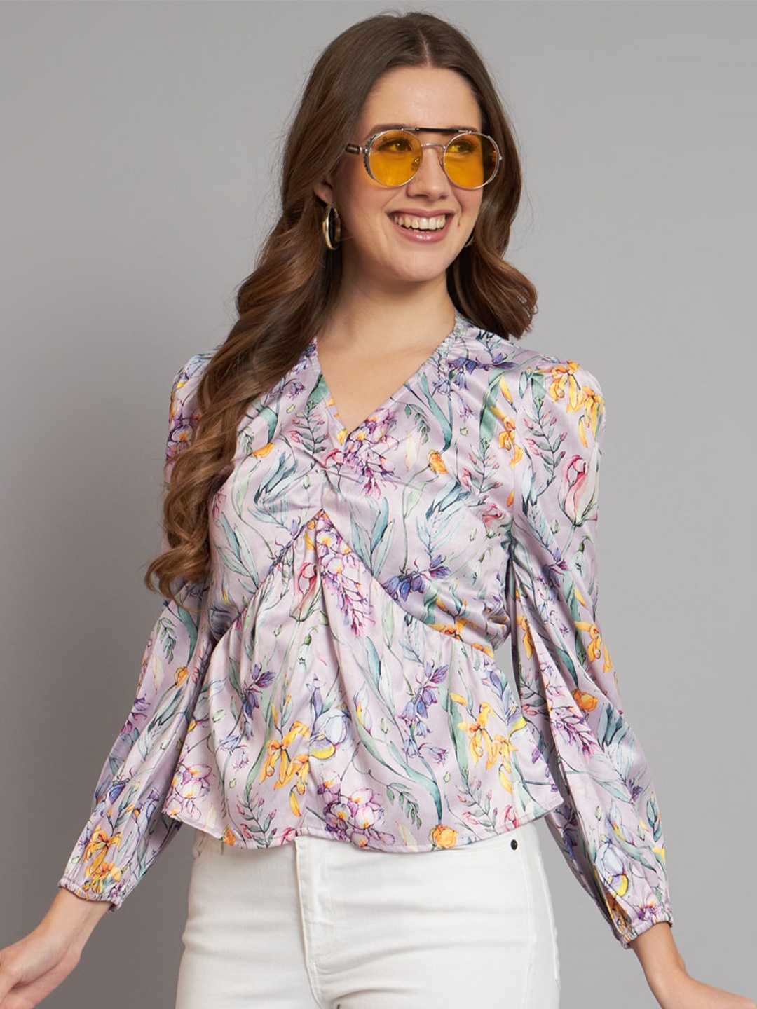 

The Dry State Lavender Floral Printed Bishop Sleeves Cinched Waist Top