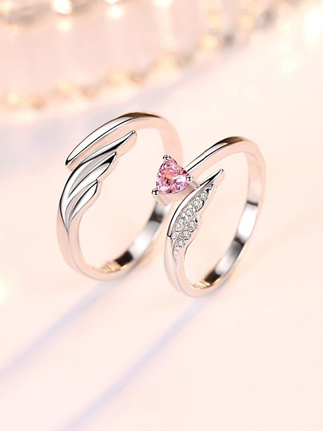 

Fashion Frill Set Of 2 Silver-Plated CZ-Studded Couple Finger Rings