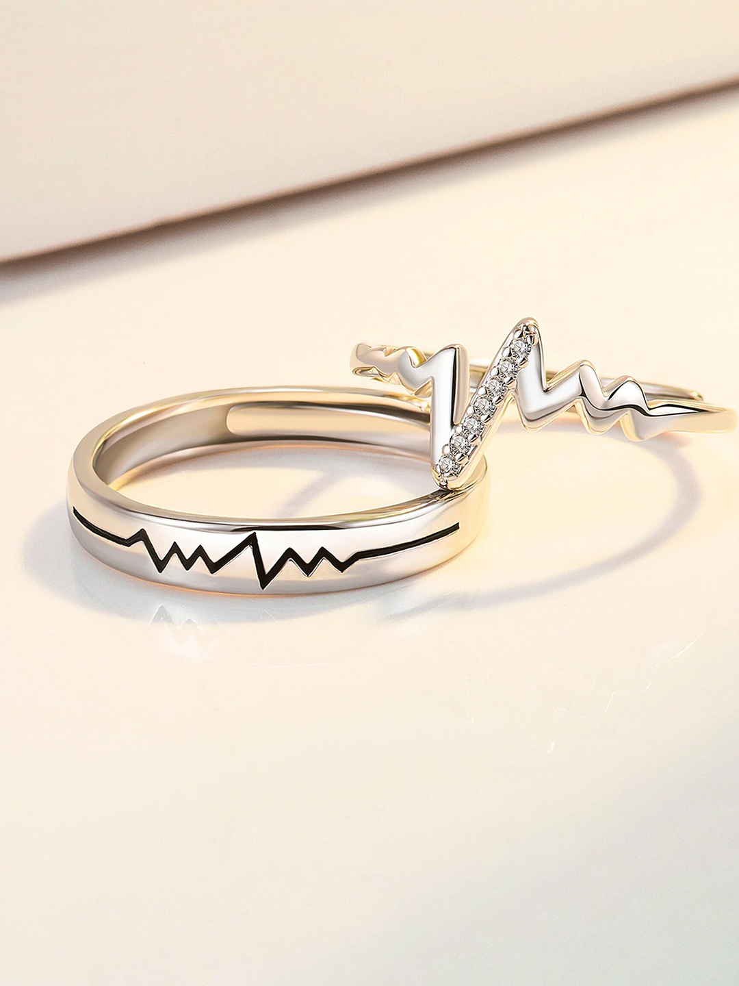 

Fashion Frill Set Of 2 Silver-Plated CZ-Studded Adjustable Couple Finger Rings