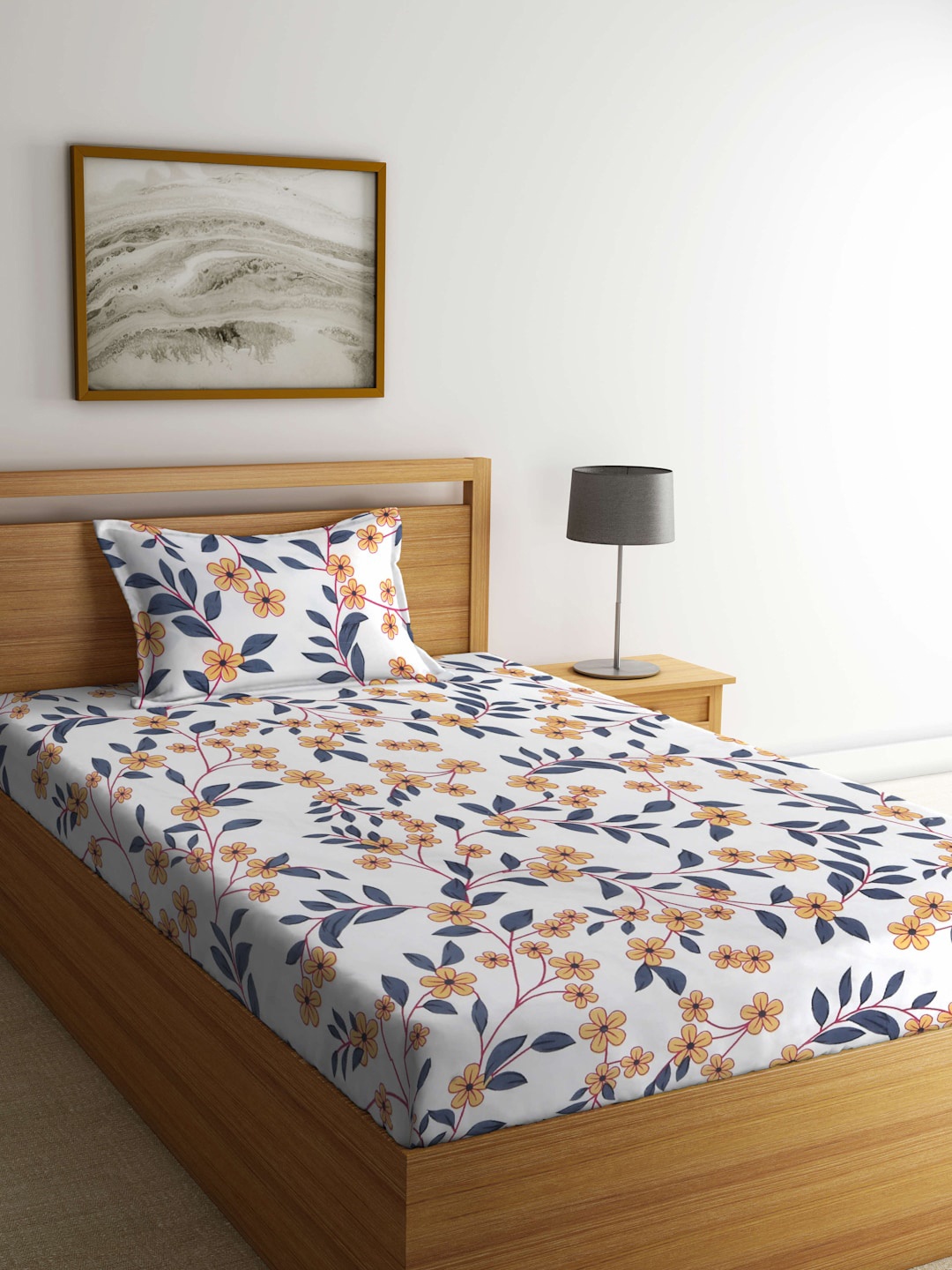 

KLOTTHE White & Blue Printed 130 TC Fitted Single Bedsheet With 1 Pillow Cover