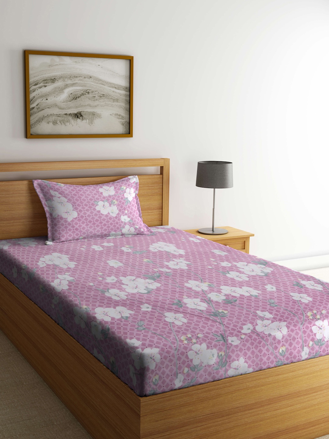 

KLOTTHE Purple & White Floral-Printed 300TC Fitted Single Bedsheet With Pillow Cover