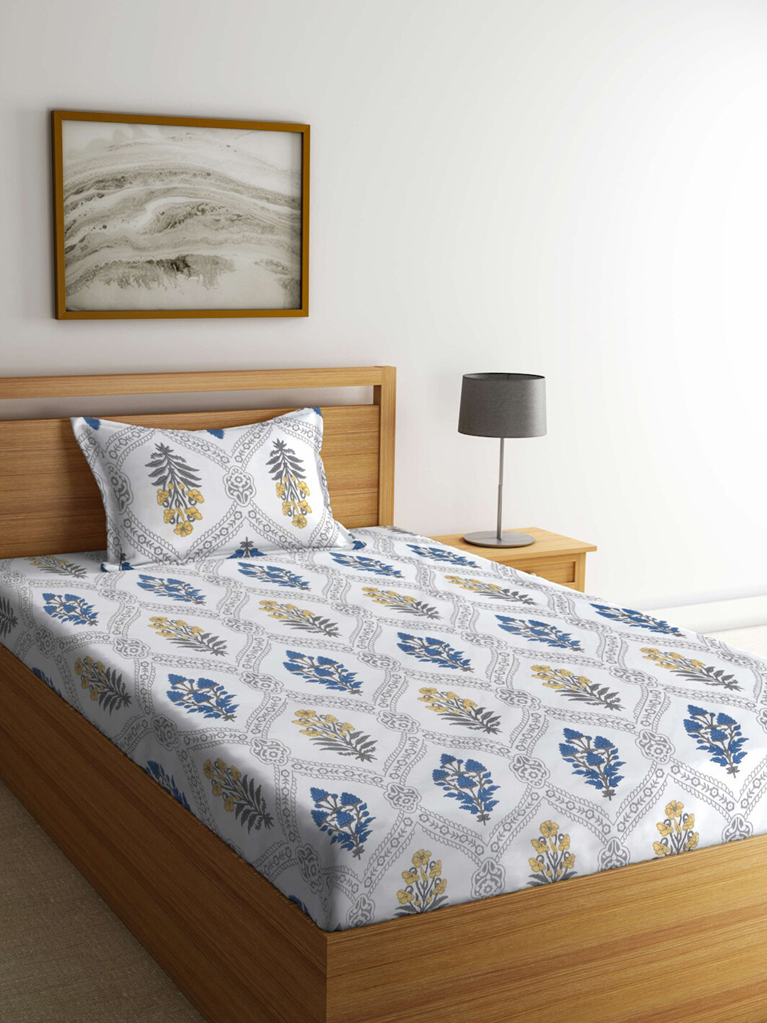 

KLOTTHE White & Blue Floral-Printed 300TC Fitted Single Bedsheet With Pillow Cover