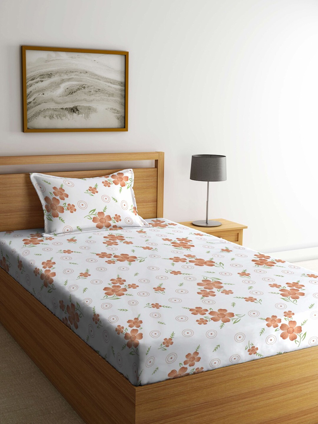 

KLOTTHE White & Brown Floral Printed 300 TC Fitted Single Bedsheet With 1 Pillow Cover