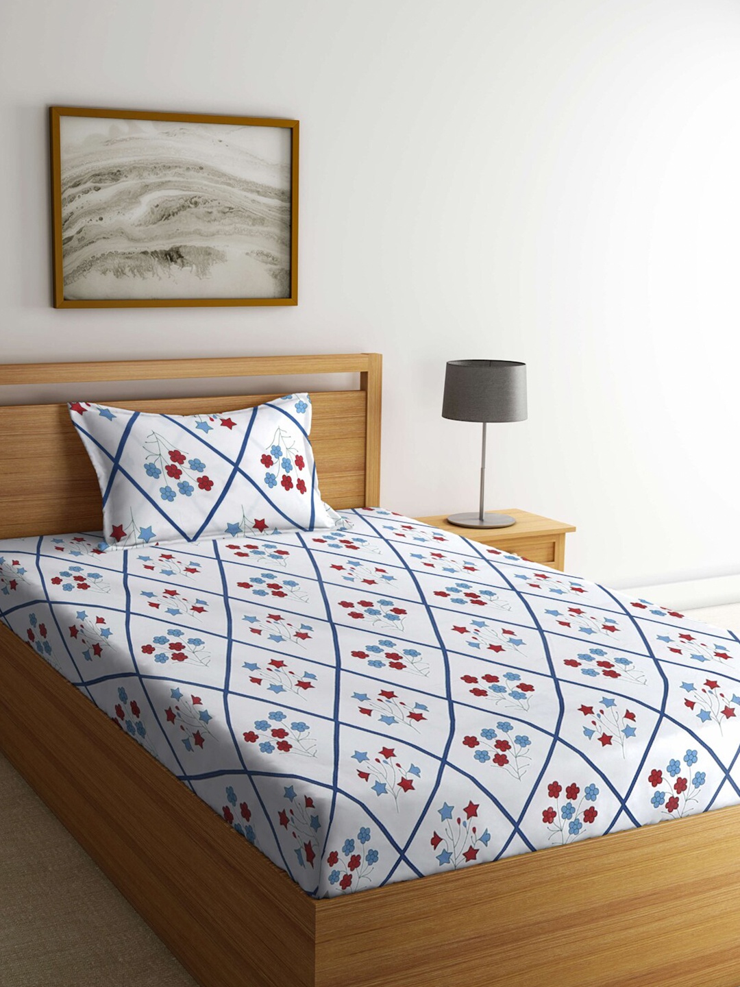 

KLOTTHE White & Blue Floral-Printed 300TC Fitted Single Bedsheet With Pillow Cover