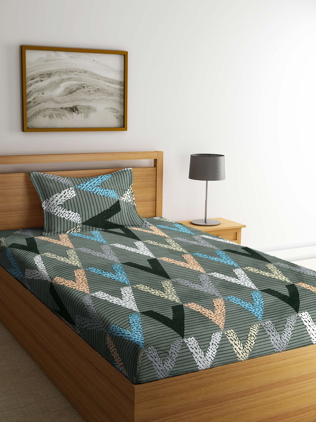 

KLOTTHE Grey & Blue Geometric Printed 300 TC Fitted Single Bedsheet & Pillow Cover