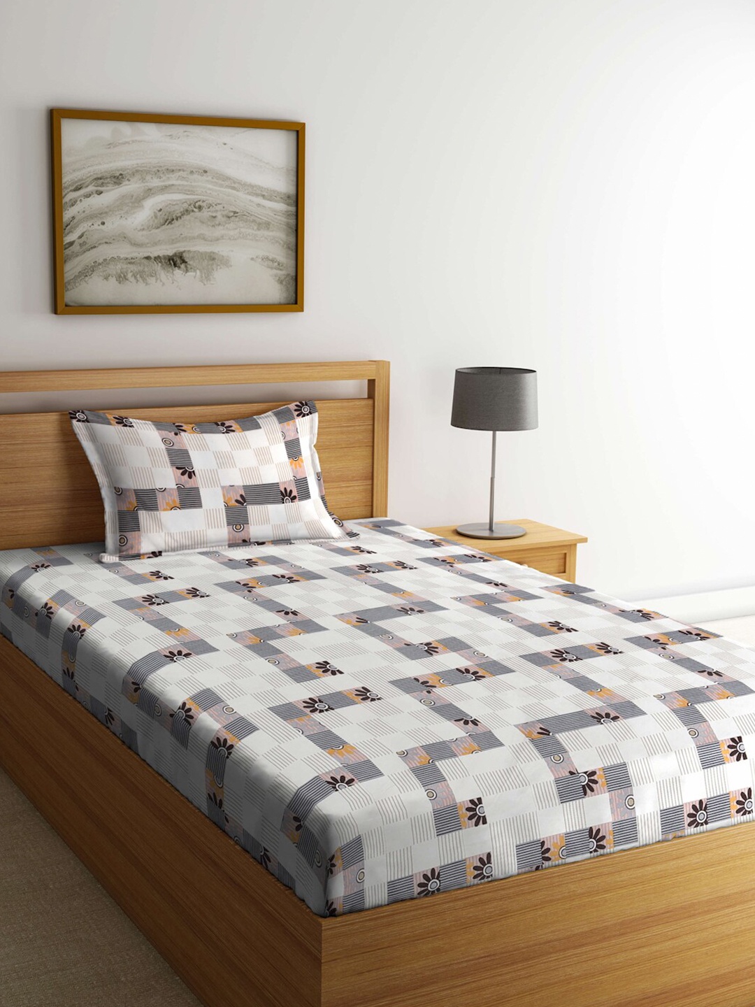 

KLOTTHE White & Grey Printed 300 TC Fitted Single Bedsheet & Pillow Cover