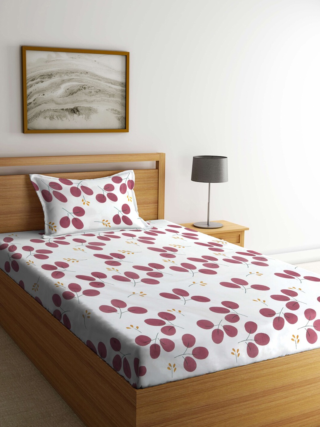 

KLOTTHE White & Red Floral-Printed 300TC Fitted Single Bedsheet With 1 Pillow Cover