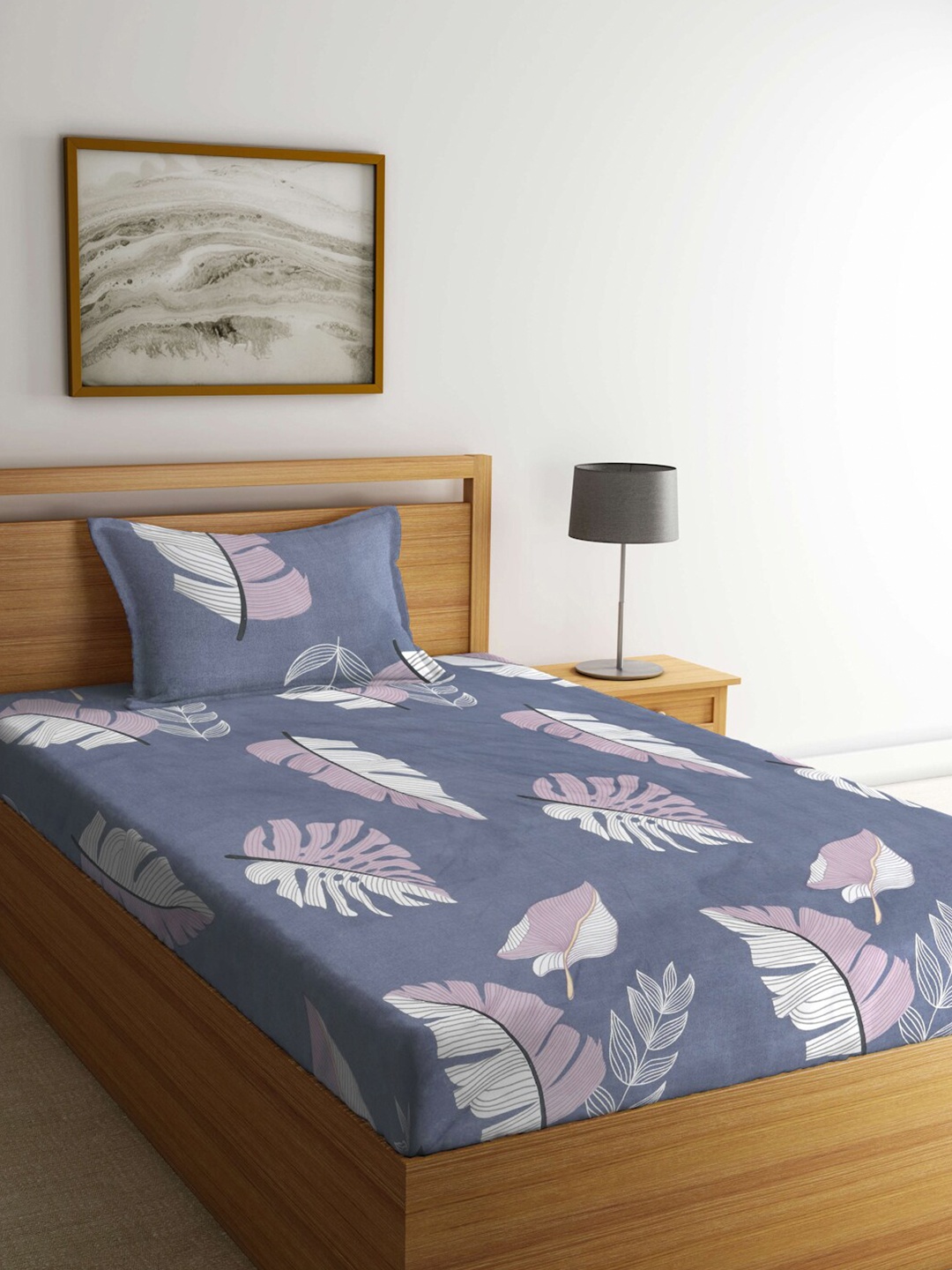 

KLOTTHE Blue & White Printed 300TC Fitted Single Bedsheet With 1 Pillow Cover
