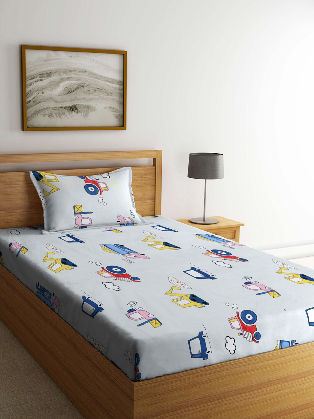 

KLOTTHE White & Blue Printed 300TC Fitted Single Bedsheet With Pillow Cover