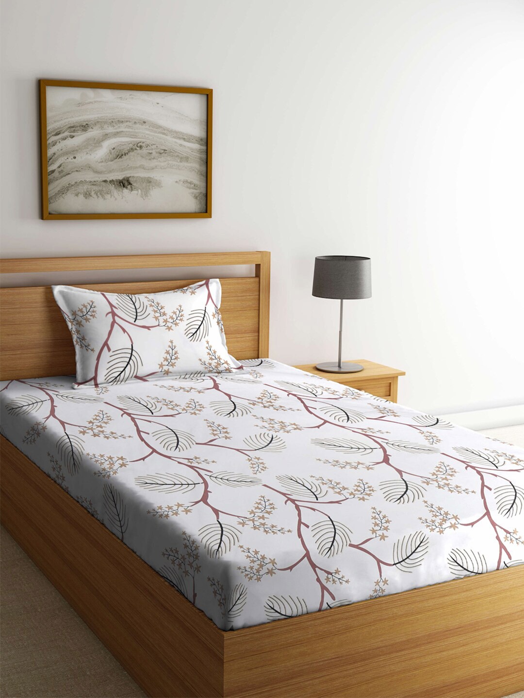 

KLOTTHE White & Brown Floral Printed Fitted 300 TC Single Bed Bedsheet With 1 Pillow Cover