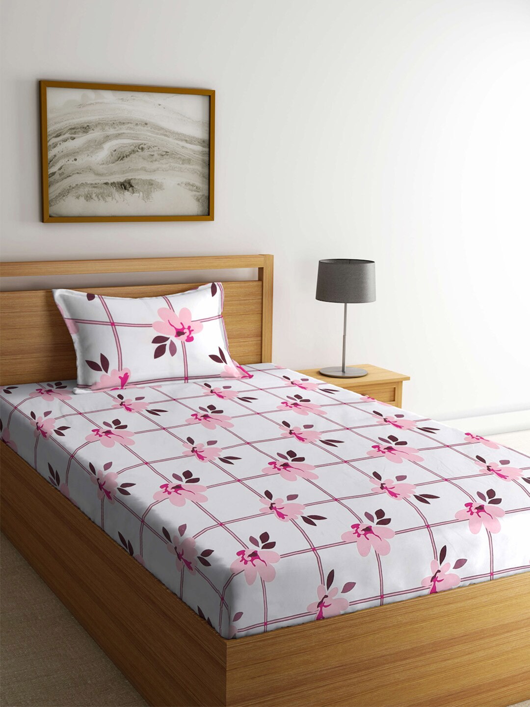

KLOTTHE White & Pink Floral-Printed 300TC Fitted Single Bedsheet & Pillow Cover