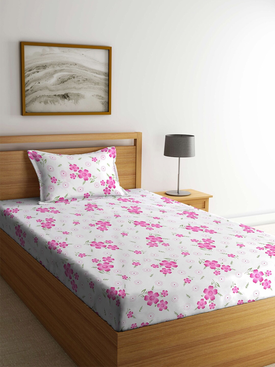 

KLOTTHE White & Pink Floral-Printed 300TC Fitted Single Bedsheet & Pillow Cover