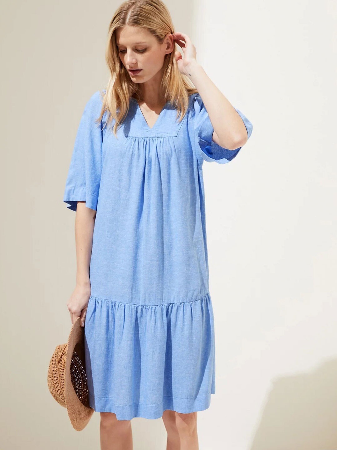 

Marks & Spencer Gathered Flared Sleeves Drop-Waist Dress, Blue