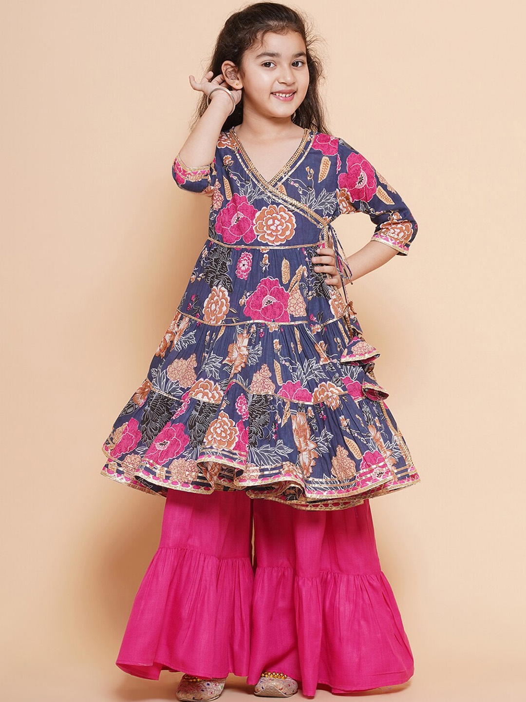 

Bitiya by Bhama Floral Printed Angrakha Gotta Patti Pure Cotton Kurta With Sharara, Pink