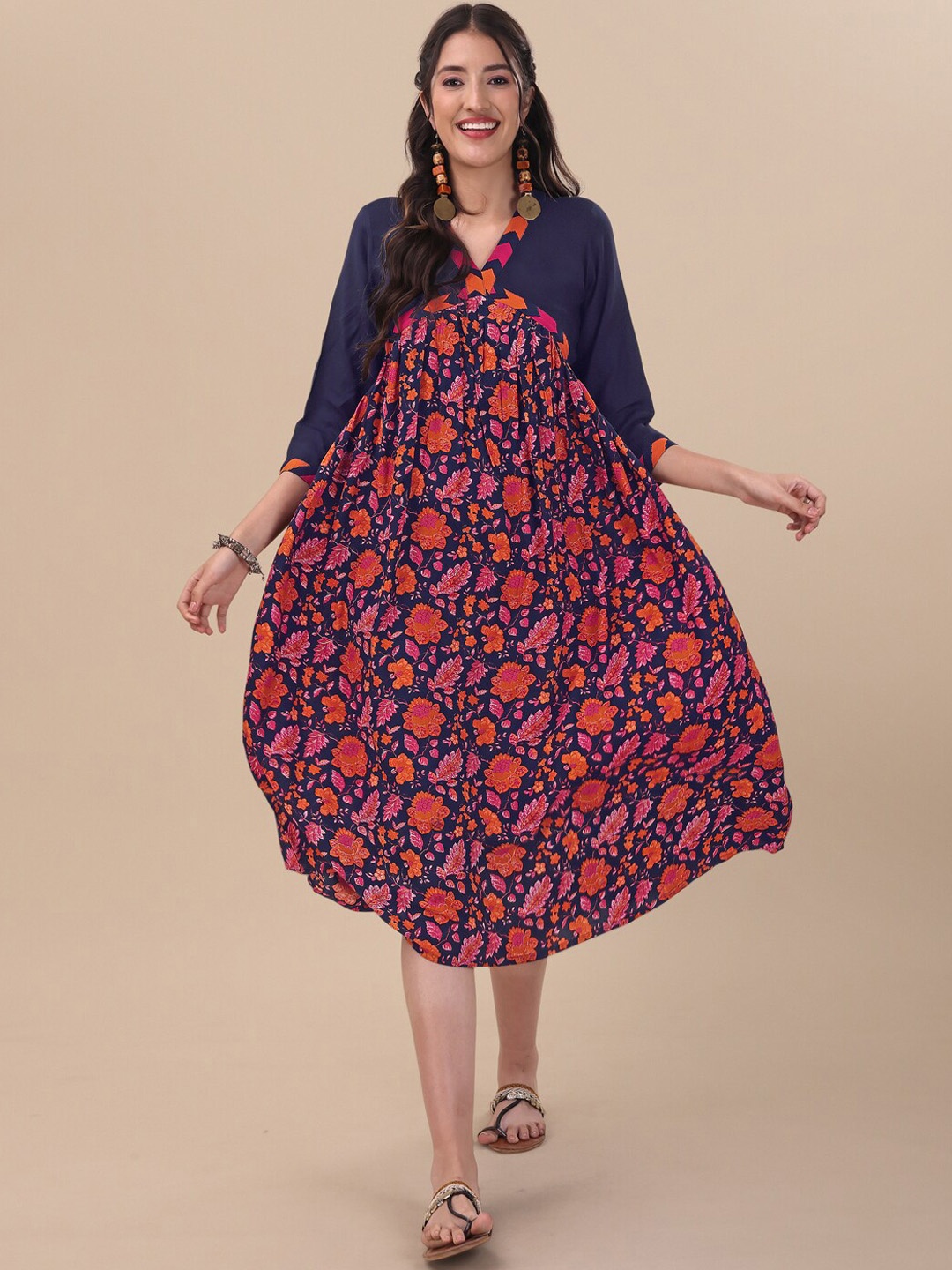 

MASSTANI BY INDDUS Floral Printed Flared Midi-Length Ethnic Dress, Navy blue