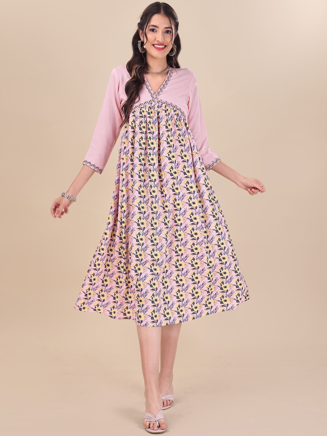 

MASSTANI BY INDDUS Floral Printed Flared Midi-Length Ethnic Cotton Dress, Pink