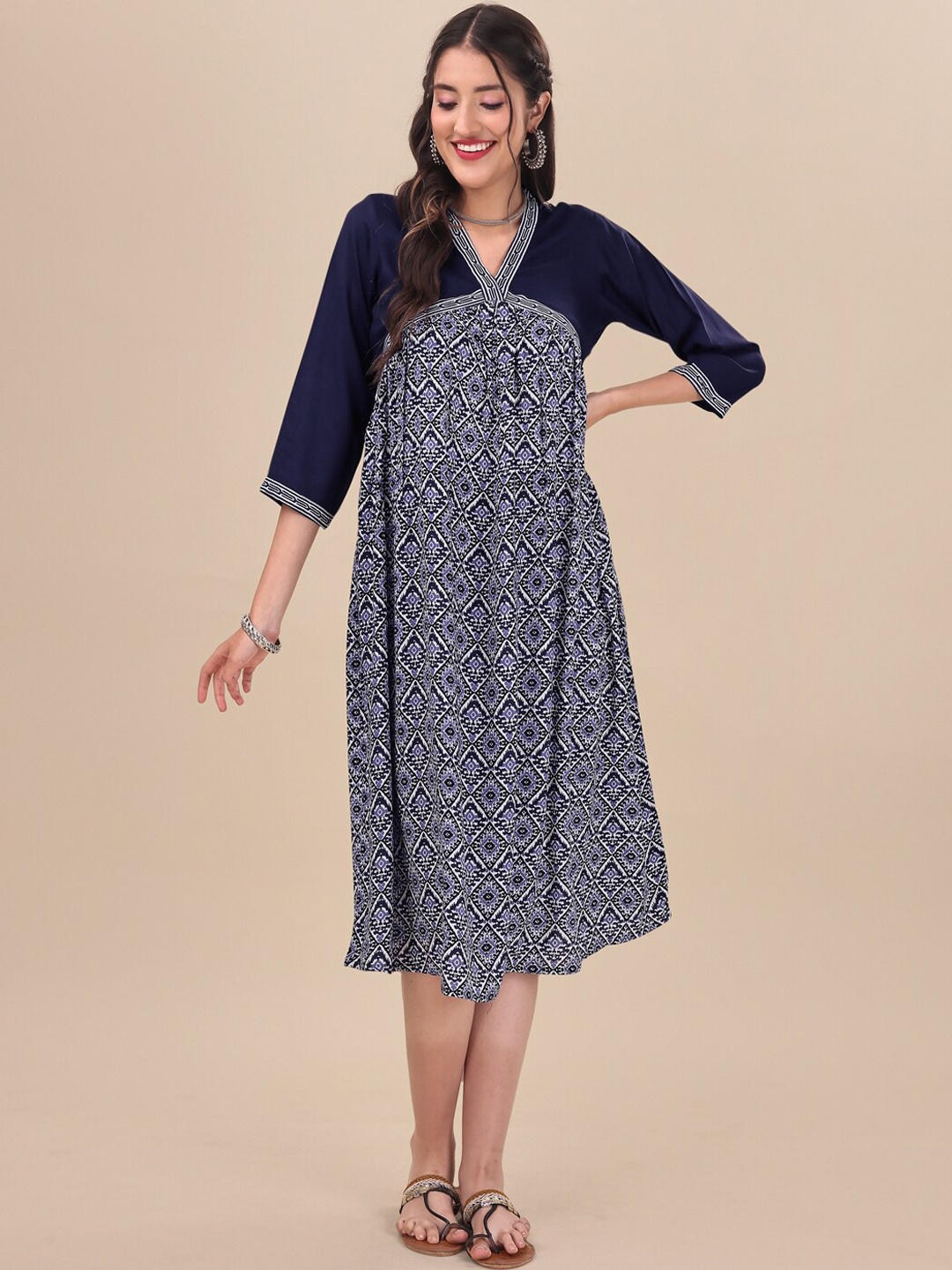 

MASSTANI BY INDDUS Ethnic Motifs Printed Flared Midi-Length Pure Cotton Ethnic Dress, Navy blue