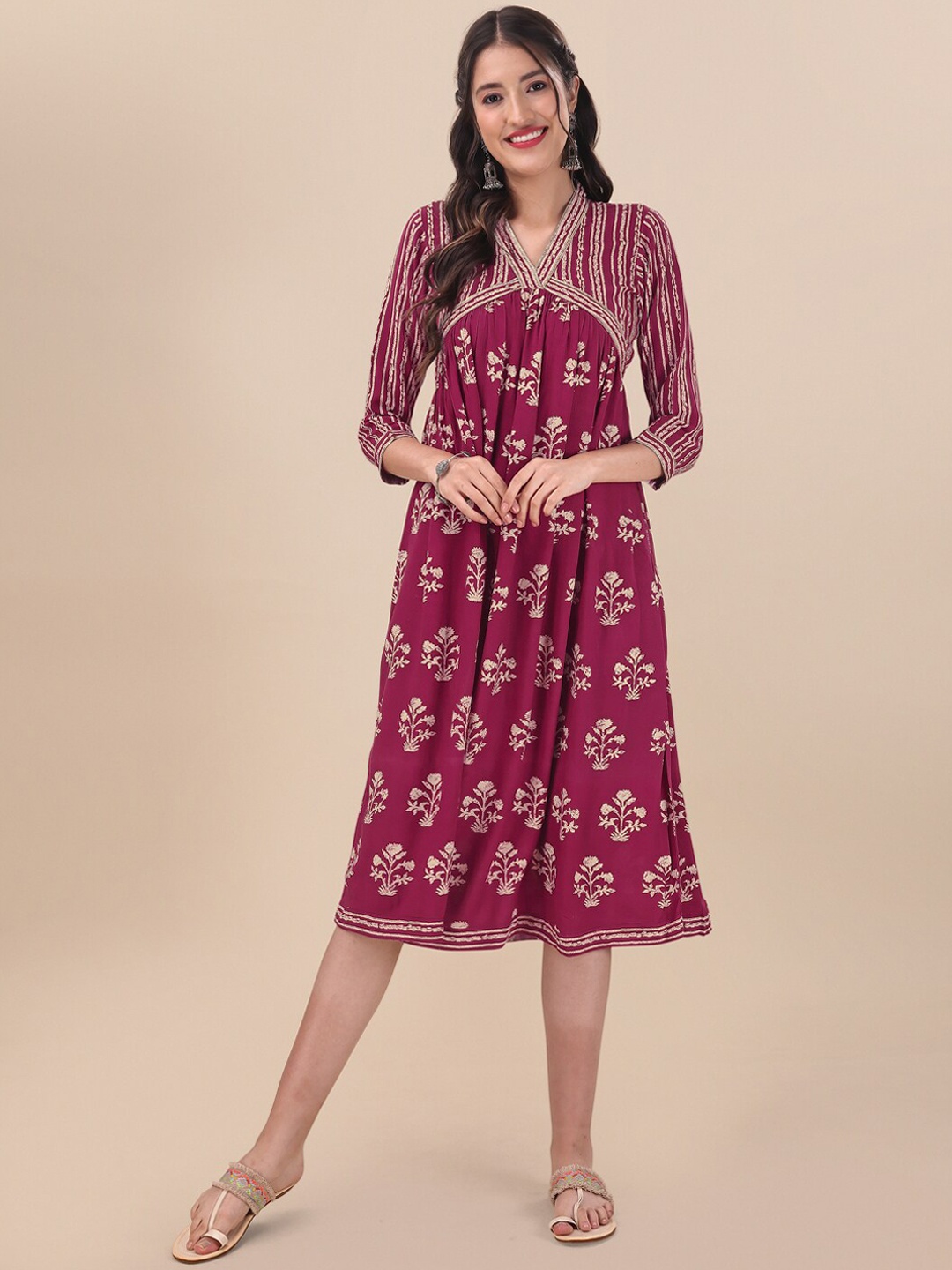 

MASSTANI BY INDDUS Ethnic Motifs Printed Flared Midi-Length Ethnic Dress, Maroon