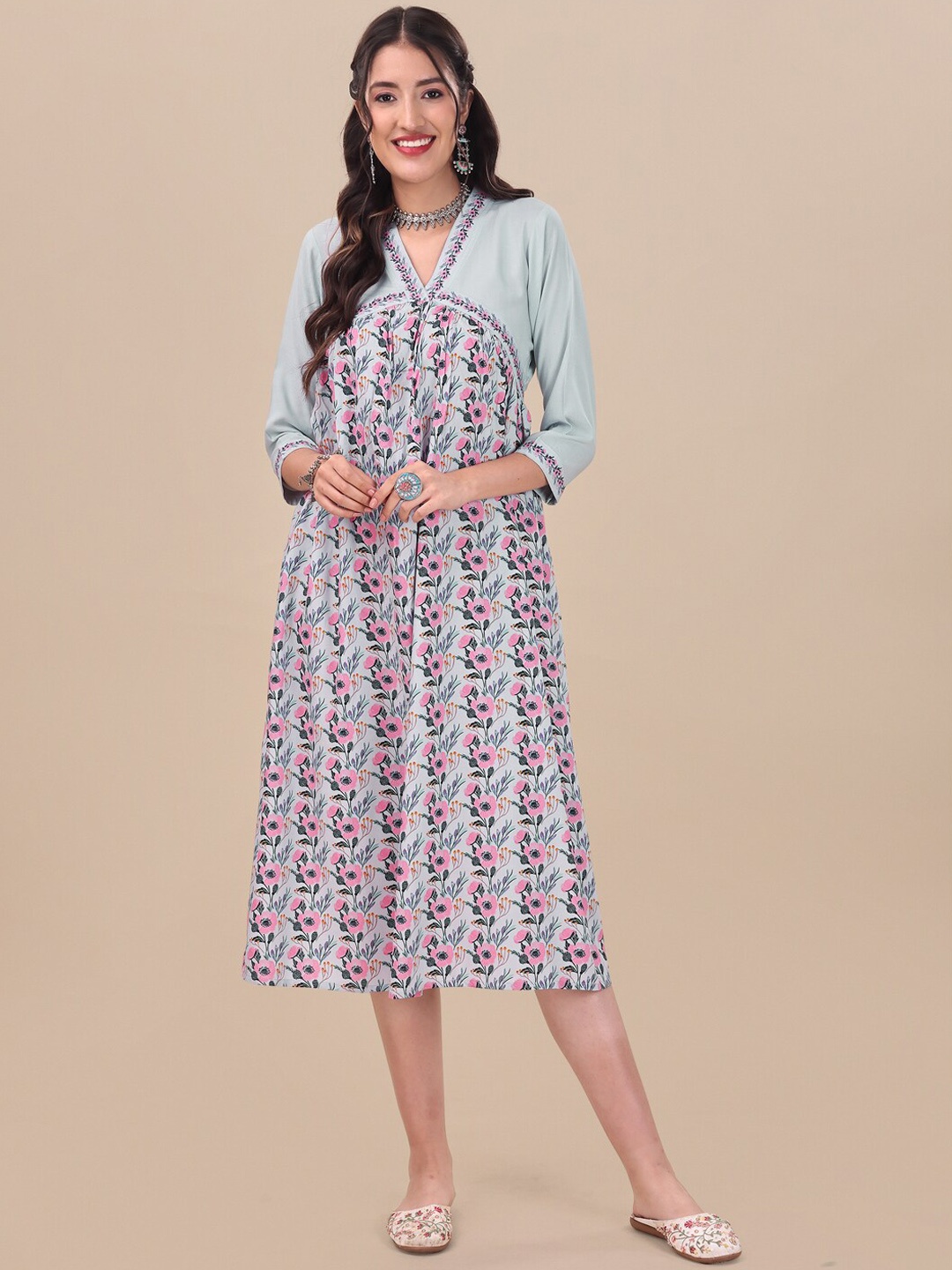 

MASSTANI BY INDDUS Floral Printed Flared Midi-Length Cotton Ethnic Dress, Blue