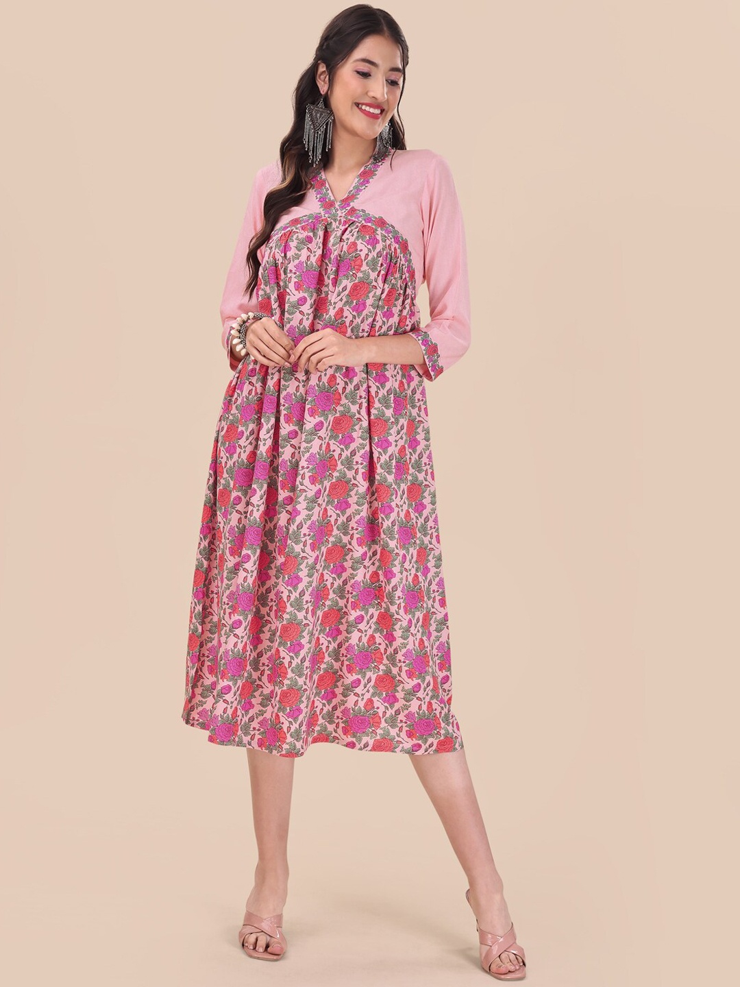 

MASSTANI BY INDDUS Floral Printed Flared Midi-Length Ethnic Dress, Peach