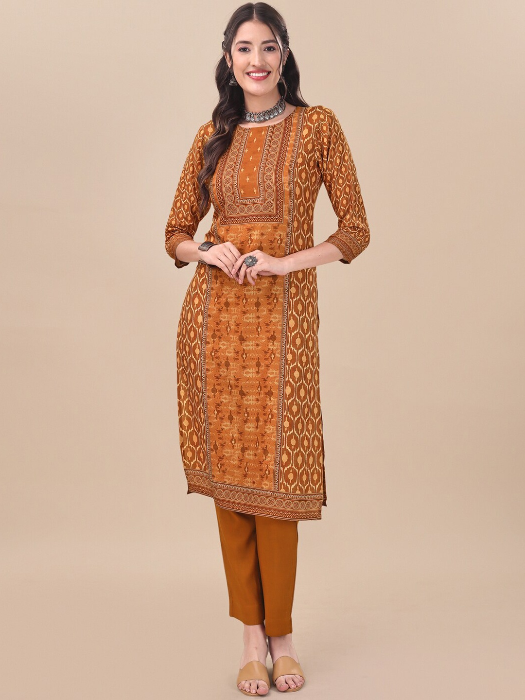 

MASSTANI BY INDDUS Ethnic Motifs Printed Straight Pure Cotton Kurta With Trousers, Mustard