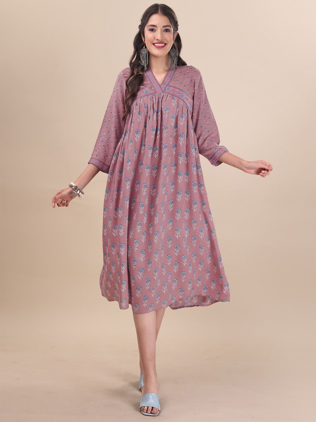 

MASSTANI BY INDDUS Floral Printed Flared Midi-Length Pure Cotton Ethnic Dress, Mauve