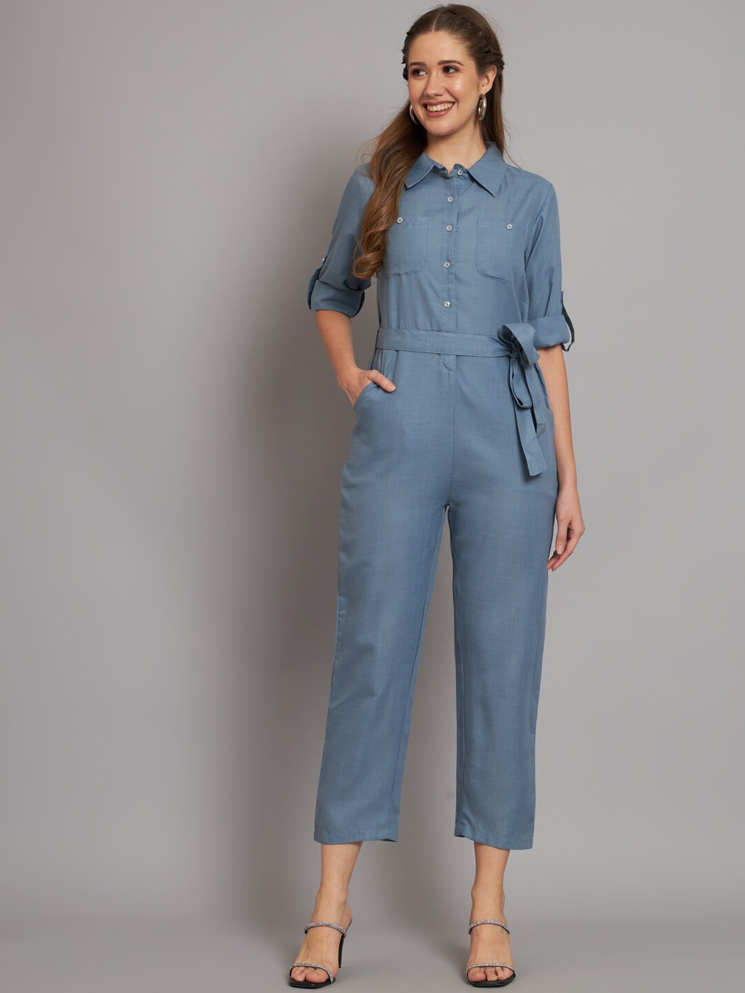 

The Dry State Blue waist tie-ups Roll-Up Sleeves Shirt Collar Cotton Basic Jumpsuit