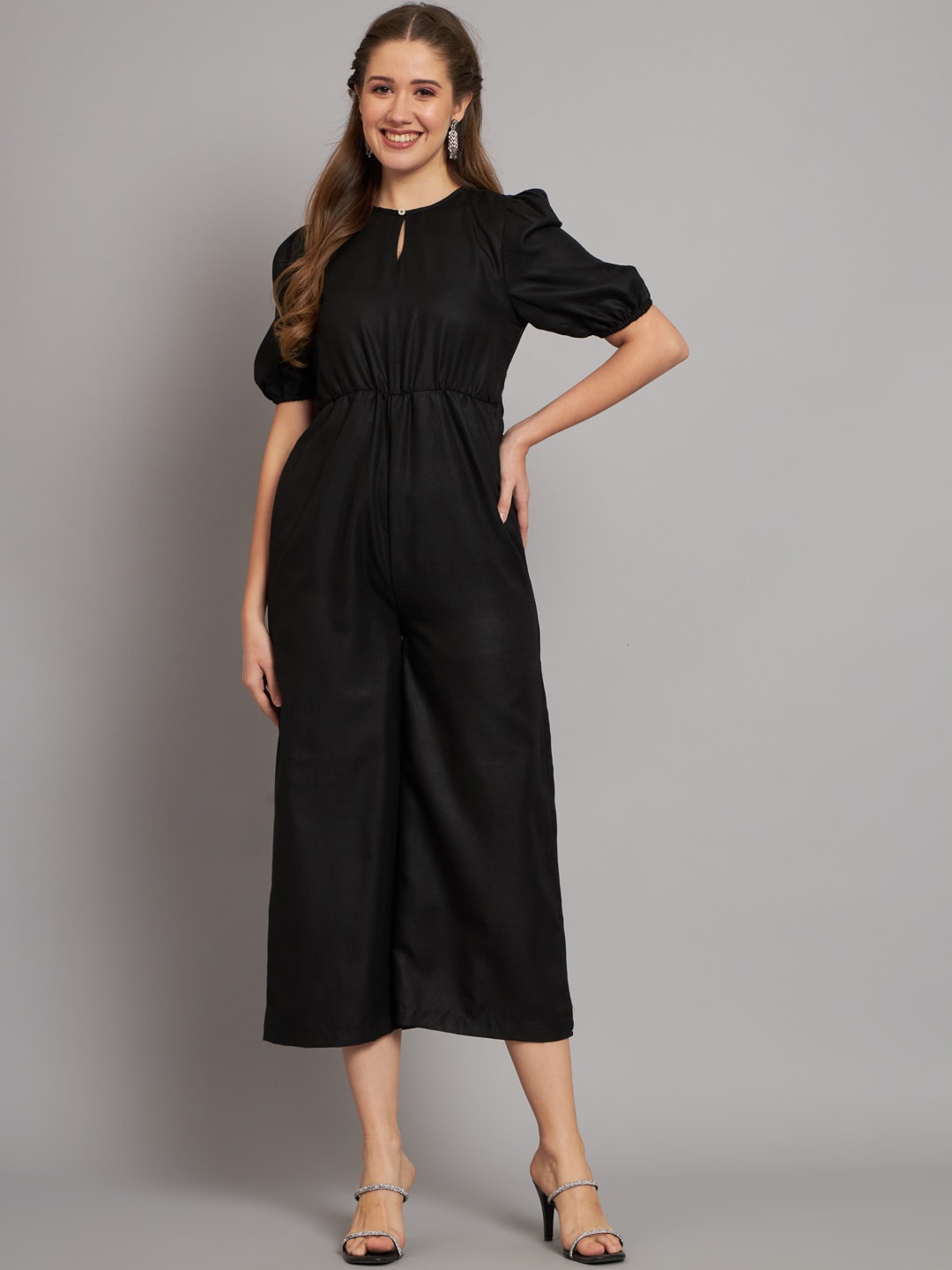 

The Dry State Black Puff Sleeves Cotton Basic Jumpsuit