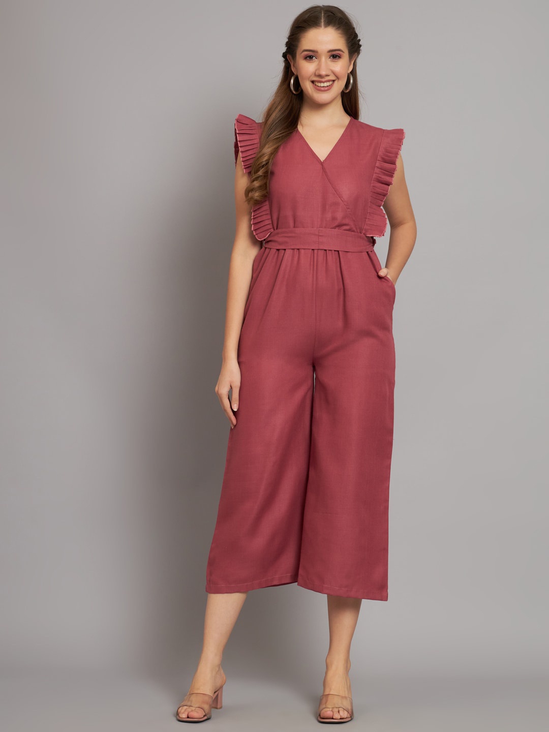 

The Dry State Maroon V-Neck waist tie-ups Cotton Basic Jumpsuit