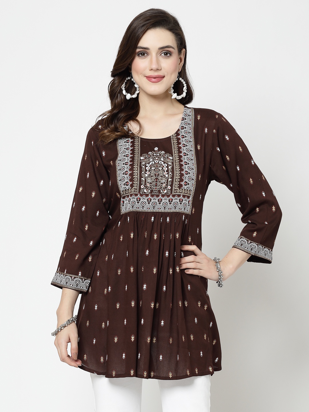 

SkyaSia Ethnic Motifs Printed Anarkali Kurti, Coffee brown