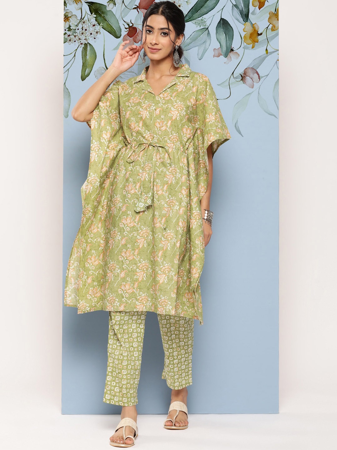 

Yufta Floral Printed Shirt Collar Pure Cotton Kaftan With Trousers, Green