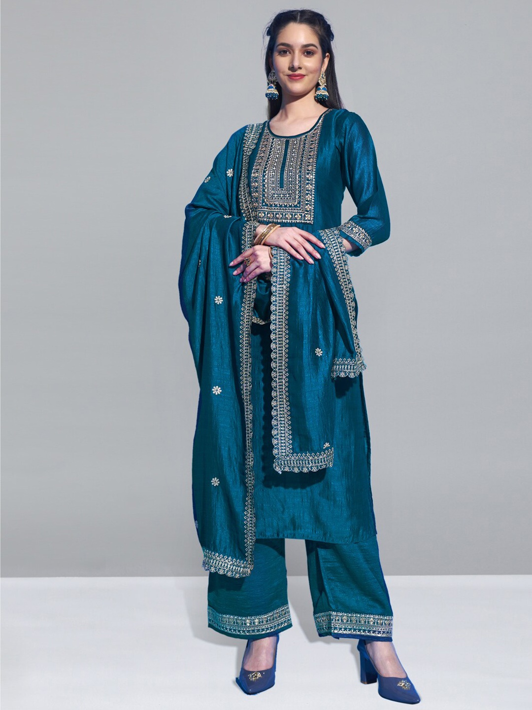 

SheWill Teal Ethnic Motifs Embroidered Sequinned Kurta with Palazzos & Dupatta