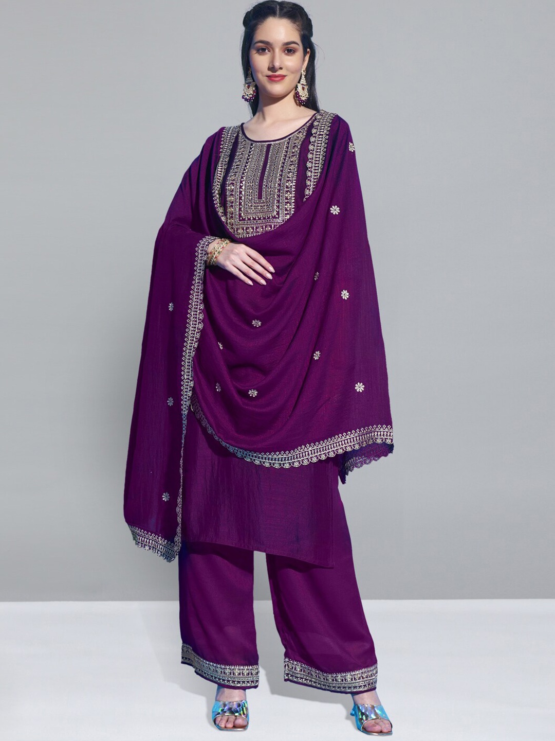 

SheWill Purple Ethnic Motifs Embroidered Sequinned Kurta with Palazzos & Dupatta