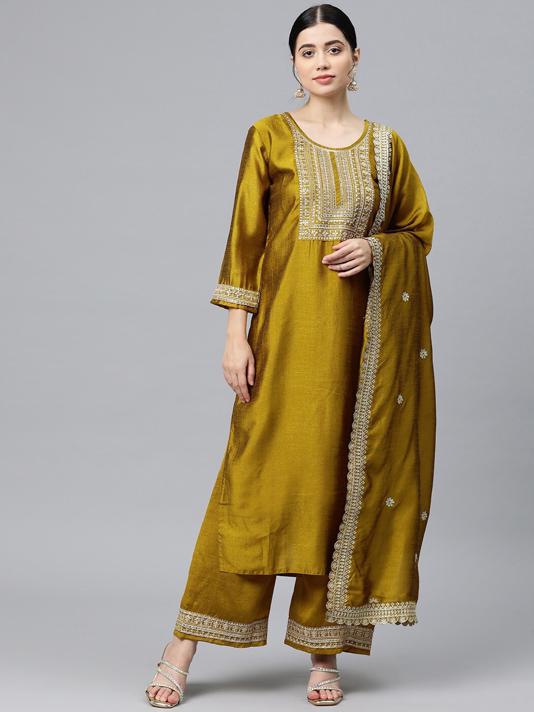 

SheWill Ethnic Motifs Yoke Design Sequinned Kurta With Palazzos & Dupatta, Olive