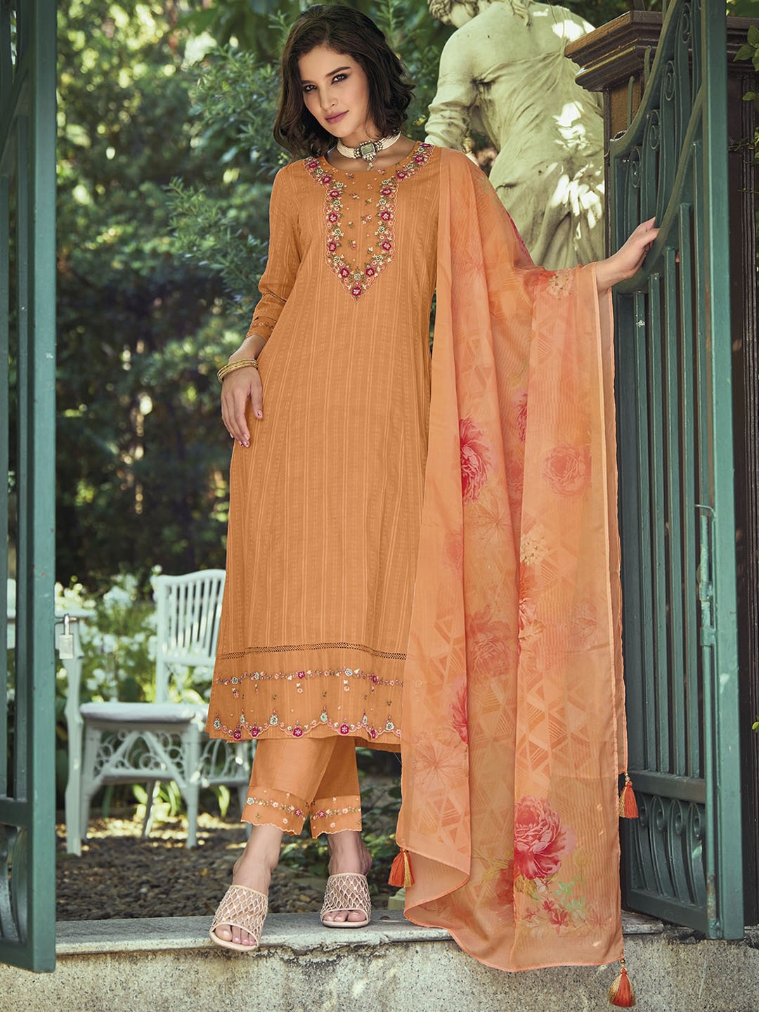 Indo Era Orange Floral Embroidered Pure Cotton Kurta With Trousers & Dupatta