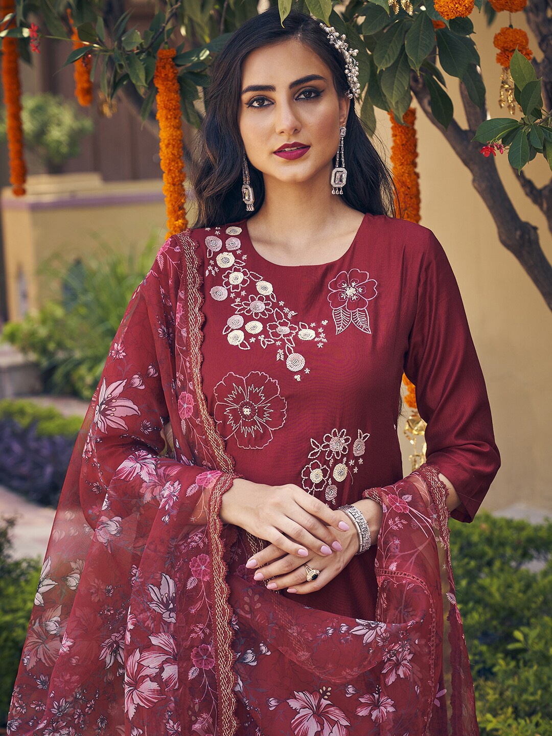 

Indo Era Maroon Floral Embroidered Regular Kurta With Trousers & Dupatta