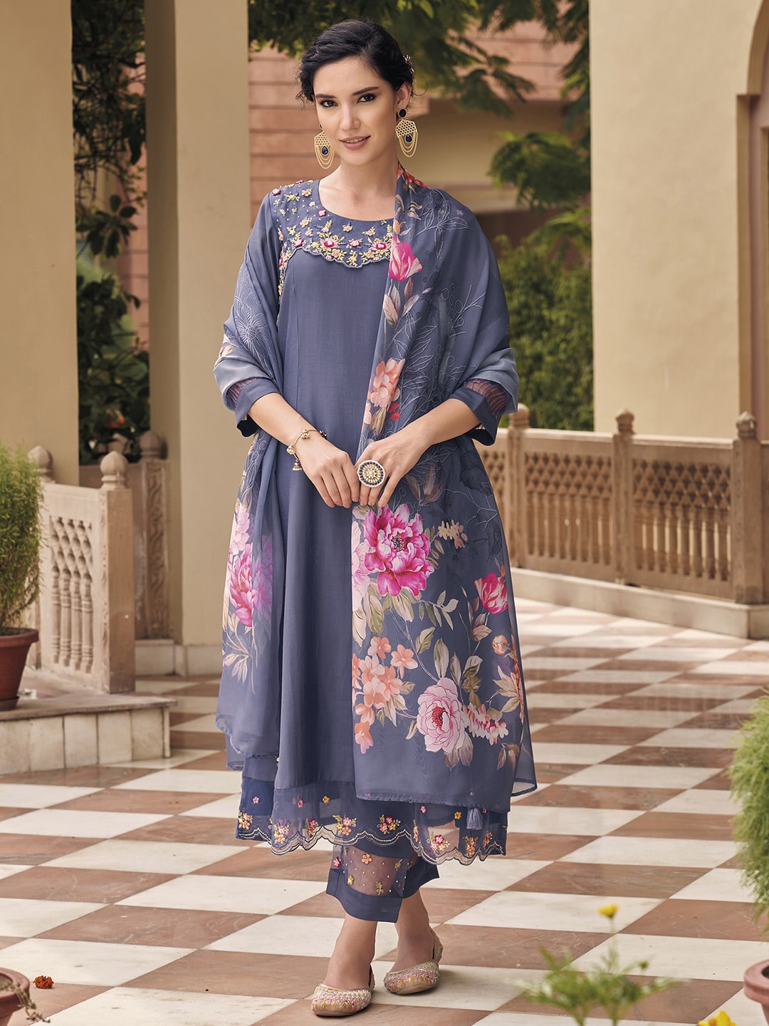 

Indo Era Navy Blue Floral Embroidered Thread Work Kurta With Trousers & Dupatta