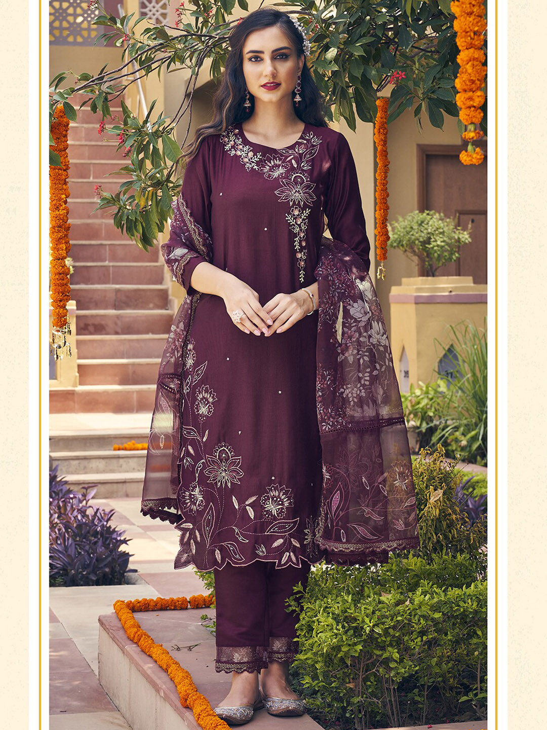 

Indo Era Maroon Floral Embroidered Regular Kurta With Trousers & Dupatta