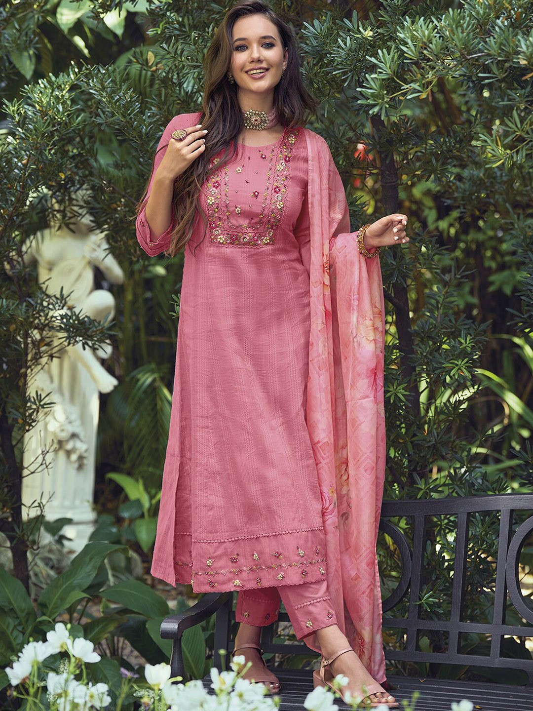 

Indo Era Pink Floral Embroidered Pure Cotton Kurta With Trousers & Dupatta