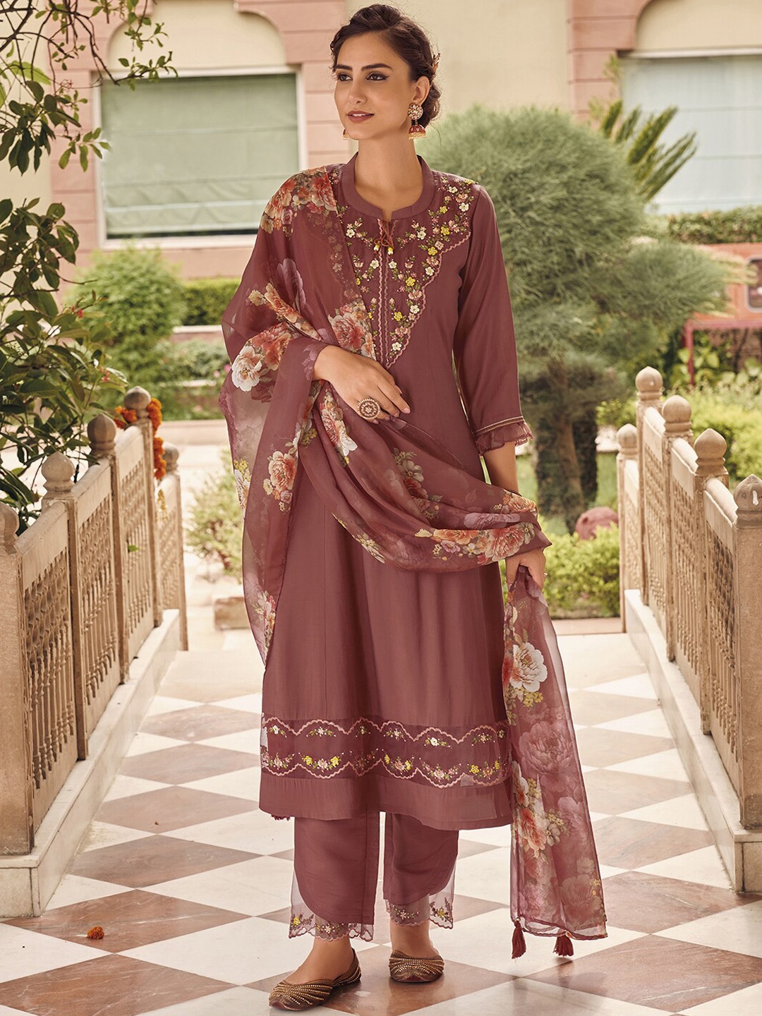 

Indo Era Rust Floral Embroidered A-Line Kurta With Trousers & Dupatta