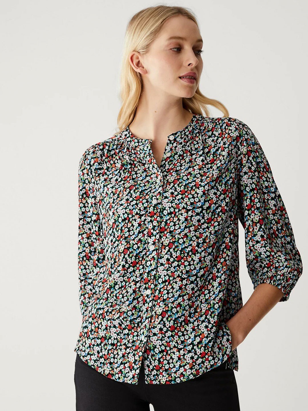

Marks & Spencer Floral Printed Heney Neck Shirt Style Top, Black