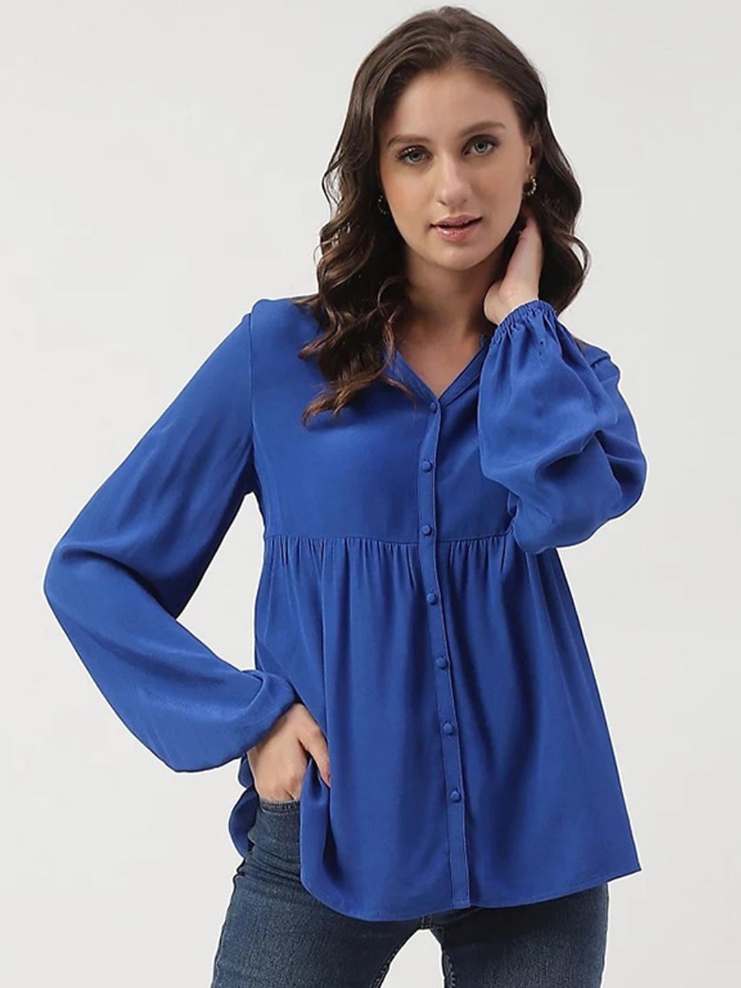 

Marks & Spencer Gathered Mandarin Collar Cuffed Sleeves Shirt Style Top, Blue