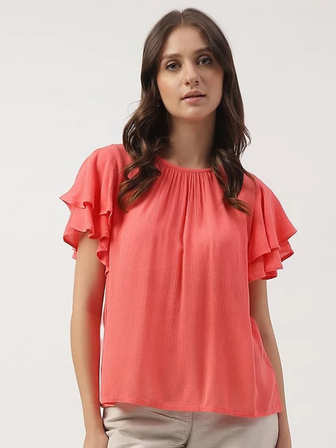 

Marks & Spencer Self Designed Round Neck Gathered Flutter Sleeves Top, Coral