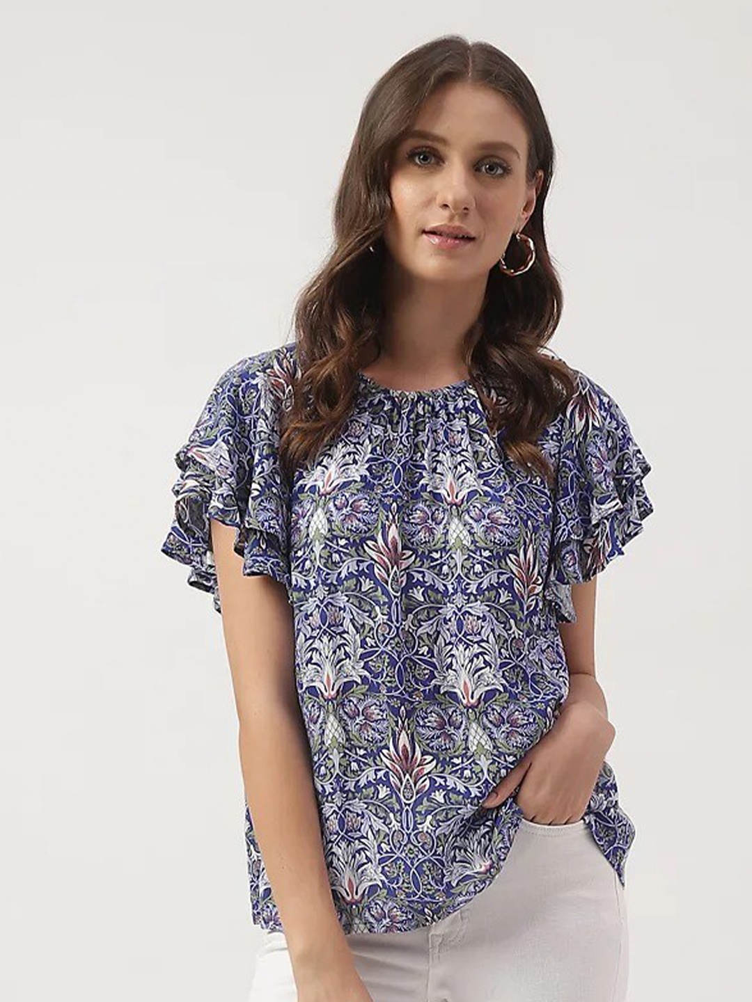 

Marks & Spencer Ethnic Motifs Printed Round Neck Gathered Flutter Sleeves Top, Blue