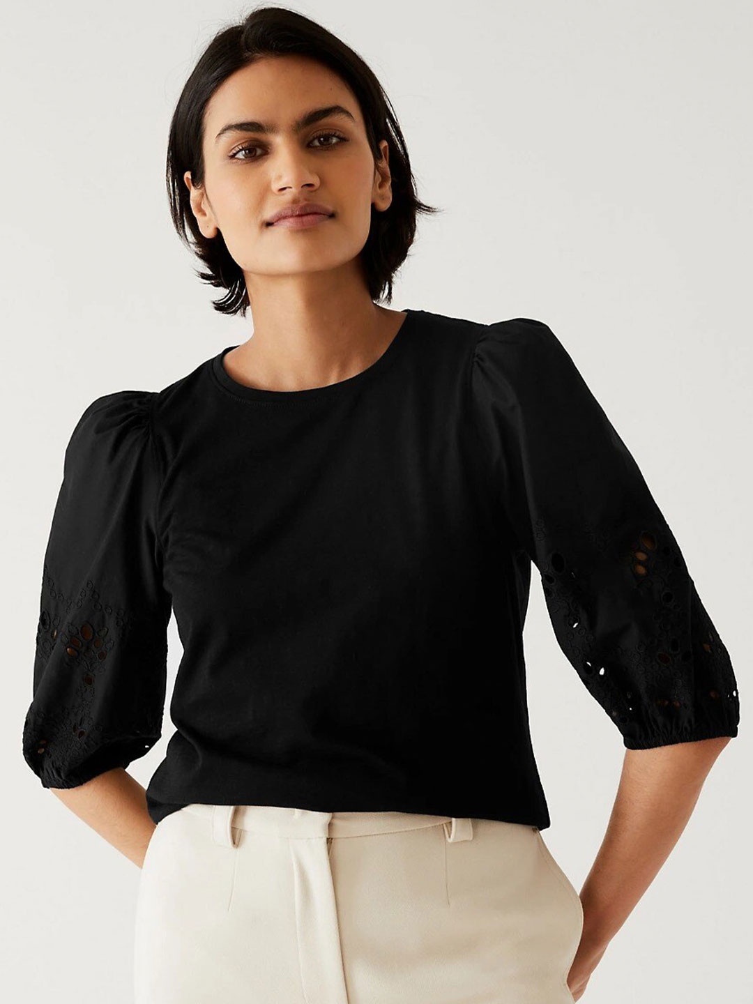 

Marks & Spencer Self Designed Schiffli Puff Sleeves Cotton Crop Top, Black