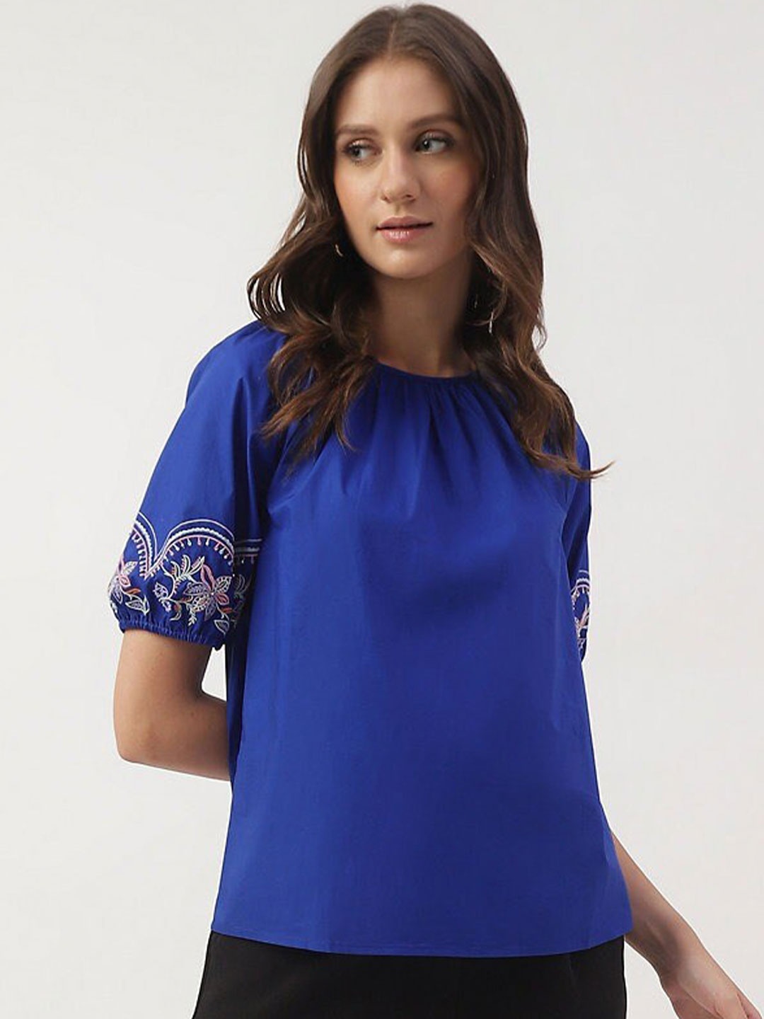 

Marks & Spencer Embroidered Puff Sleeves Pure Cotton Top, Blue