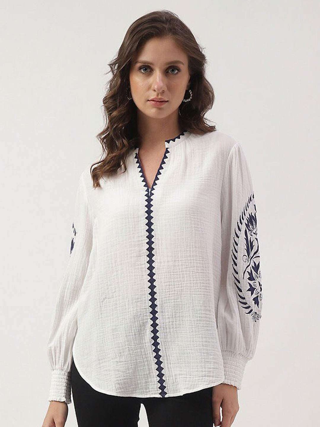 

Marks & Spencer Mandarin Collar Embroidered Shirt Style Top, White